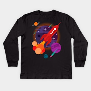 Red Rocket ship exploring space Kids Long Sleeve T-Shirt